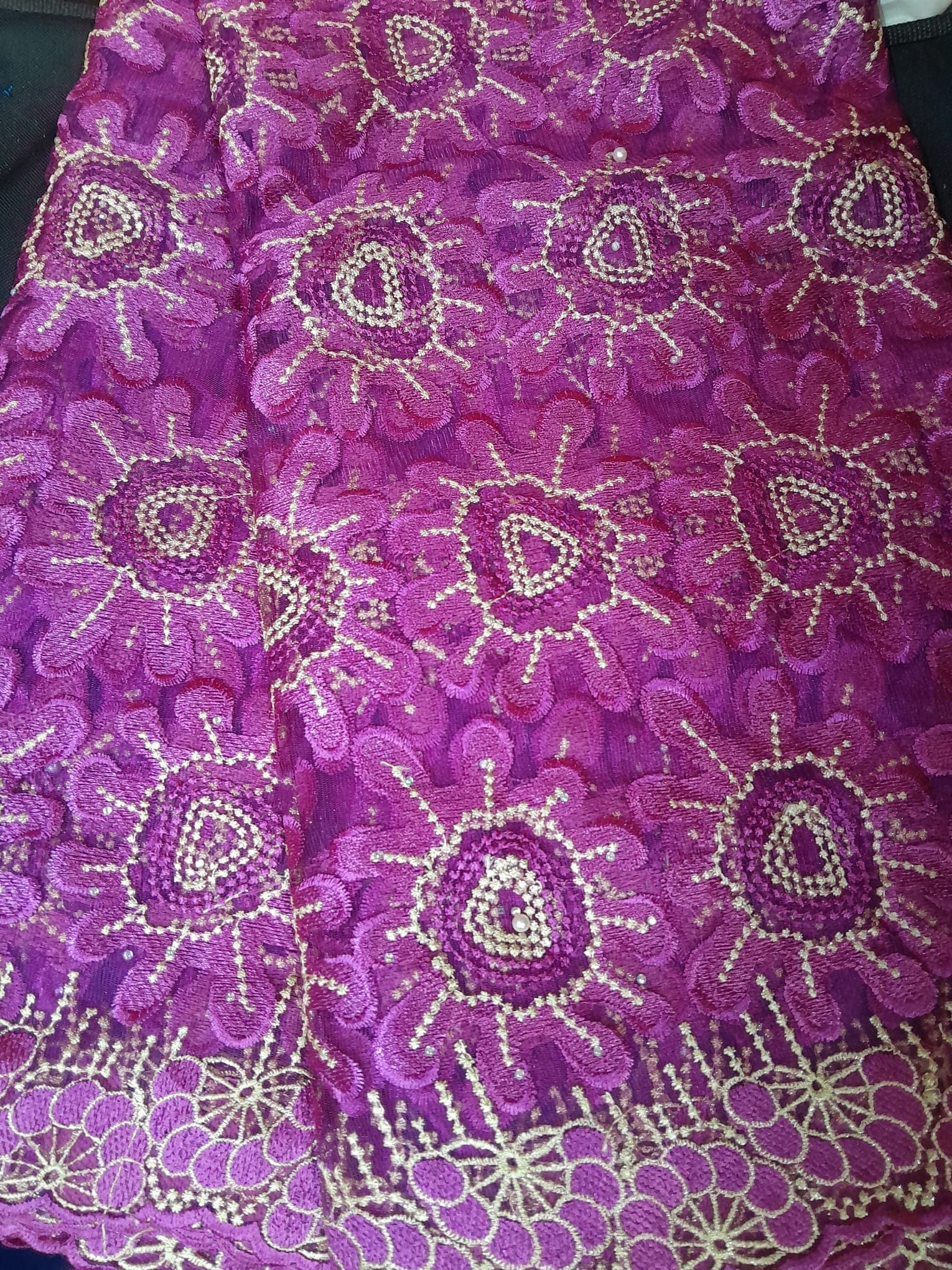 Fuchsia Pink Geometric Mandala Embroidered Net Lace Fabric with Pearl Accents