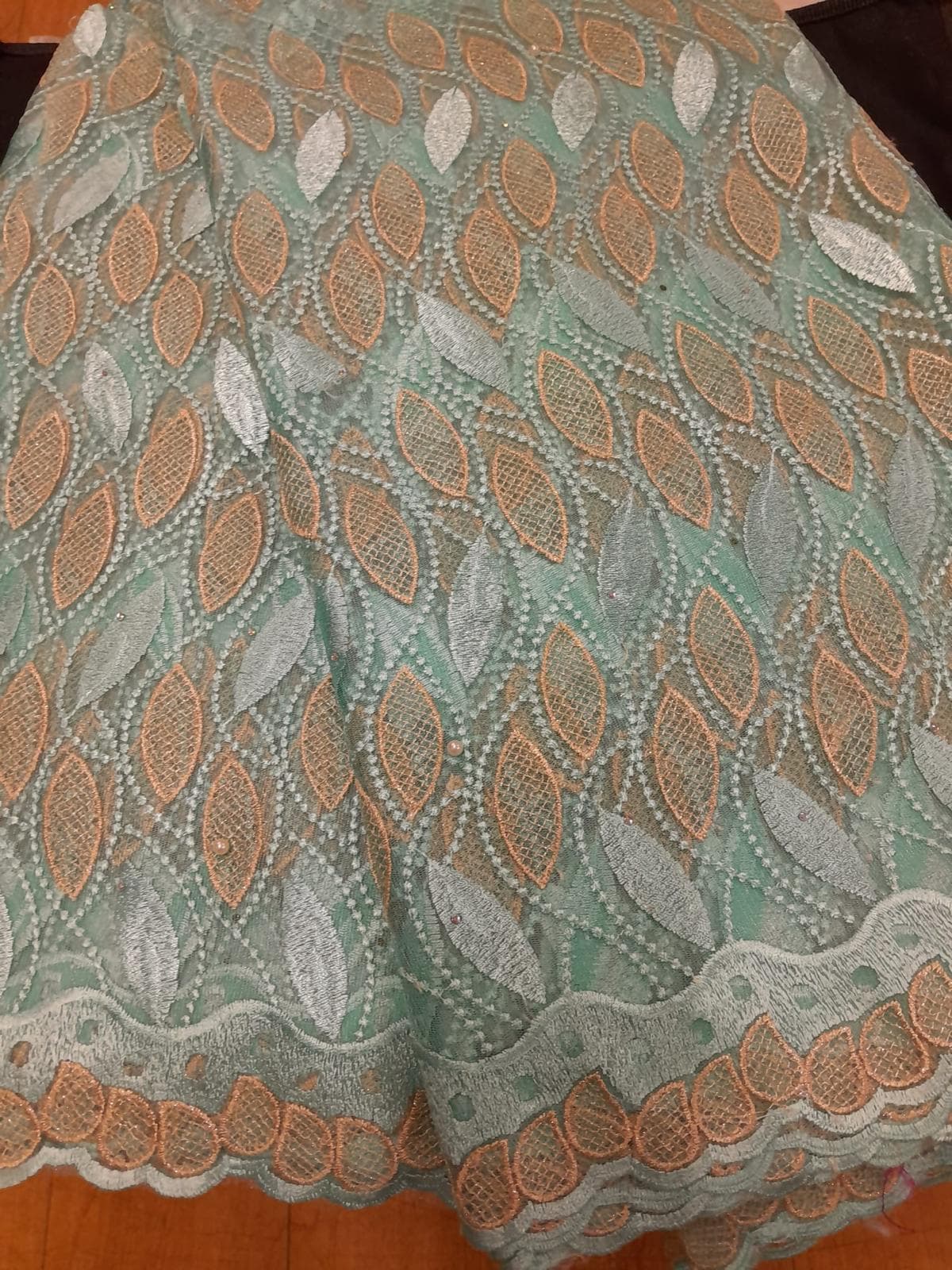 Luxury Mint Green and Peach Net Lace Fabric – Beaded Leaf Mesh with Pearls