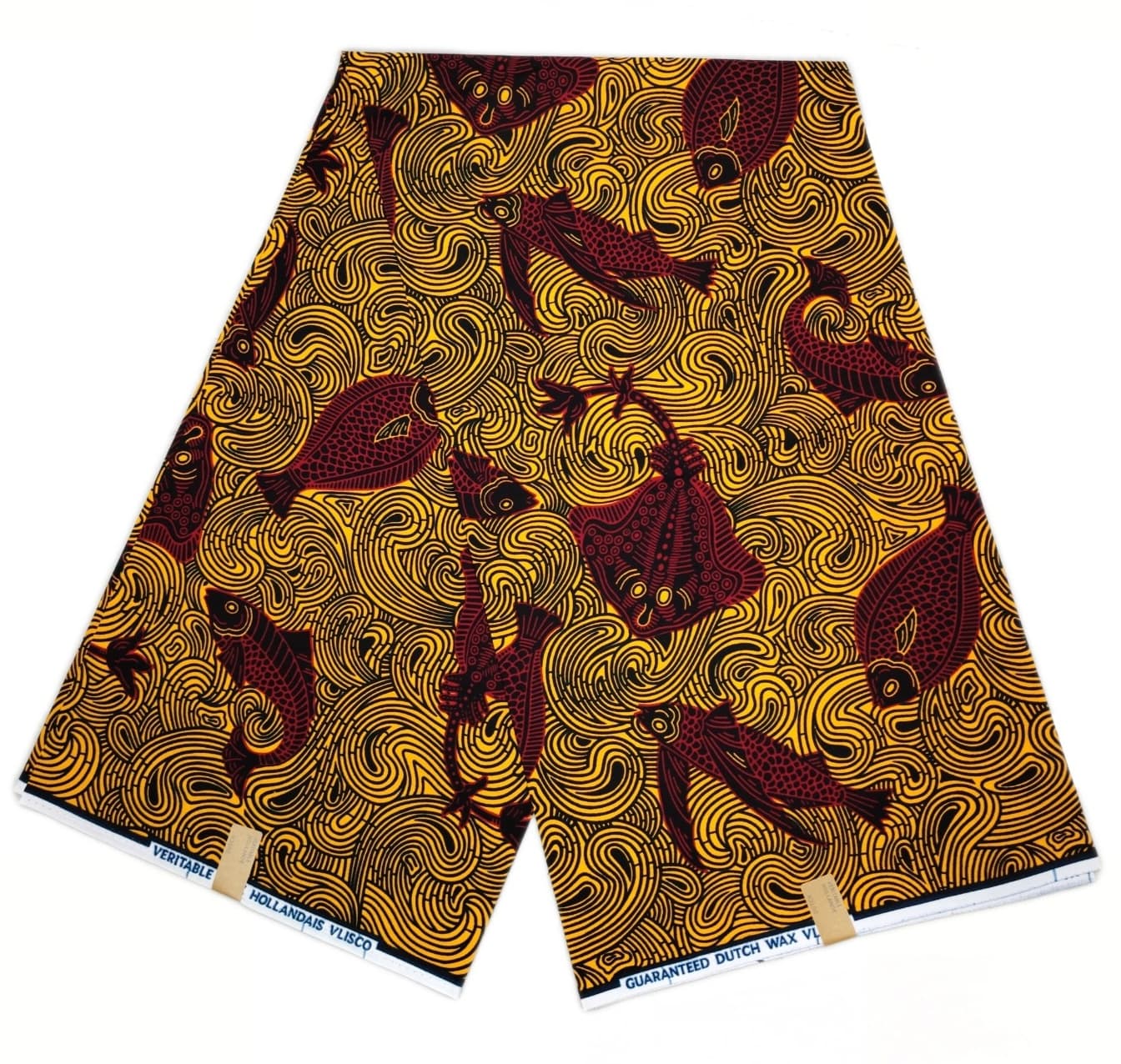 Authentic Yellow & Burgundy Fish Motif Dutch Wax Print Fabric