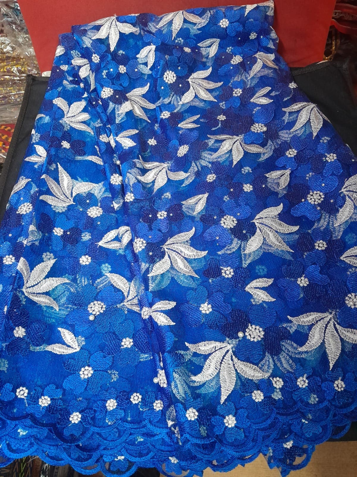 Royal Blue & Silver Beaded Floral Net Lace