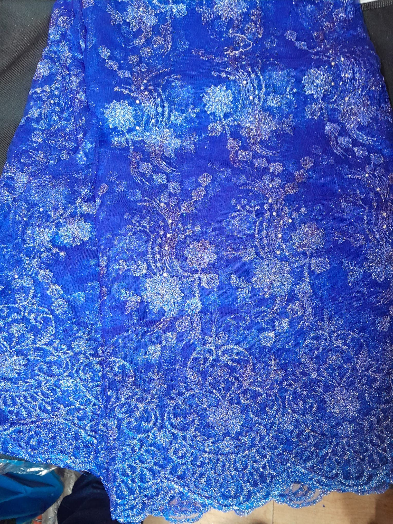 Royal Blue Shimmering Floral Embroidered Net Lace Fabric