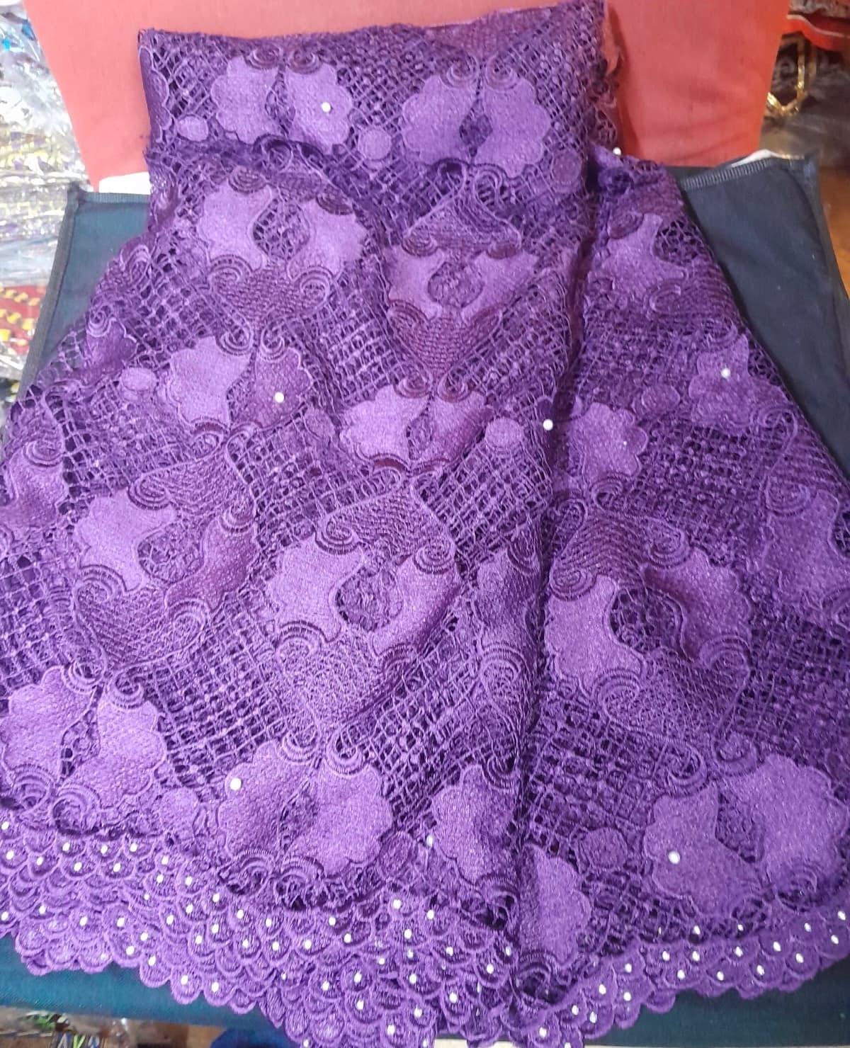 Deep Purple Beaded French Net Lace Fabric