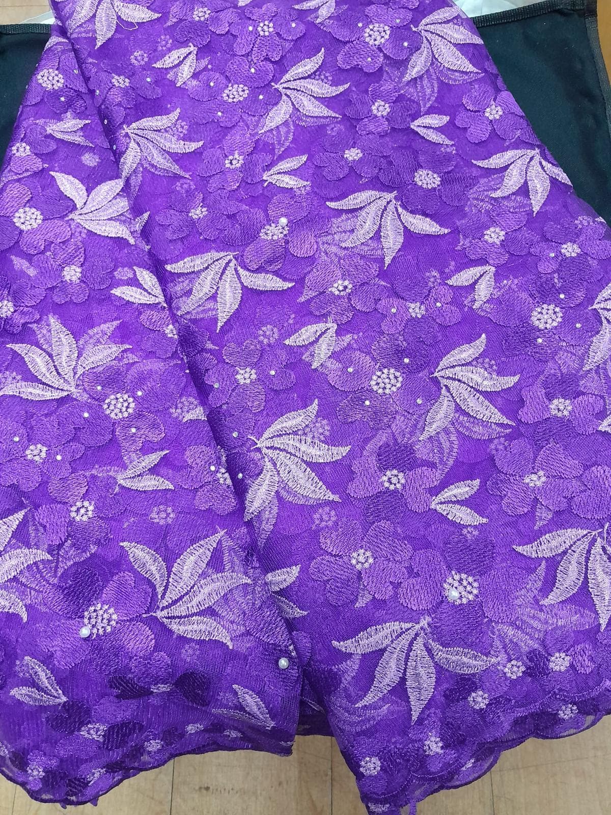  Royal Purple Beaded Floral Net Lace Fabric with Silver Leaves