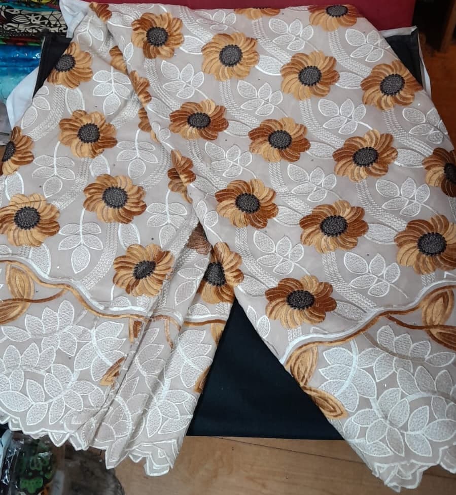 Off-White & Golden Brown Sunflower Velvet Cotton Lace