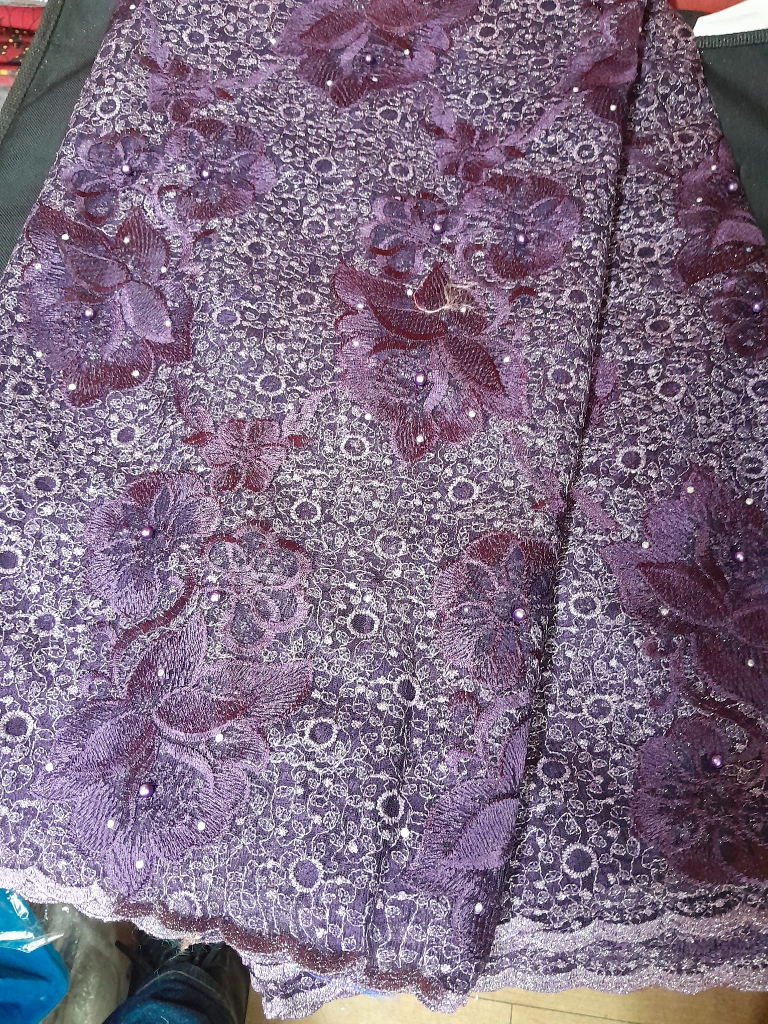 Purple Beaded & Embroidered Floral Net Lace