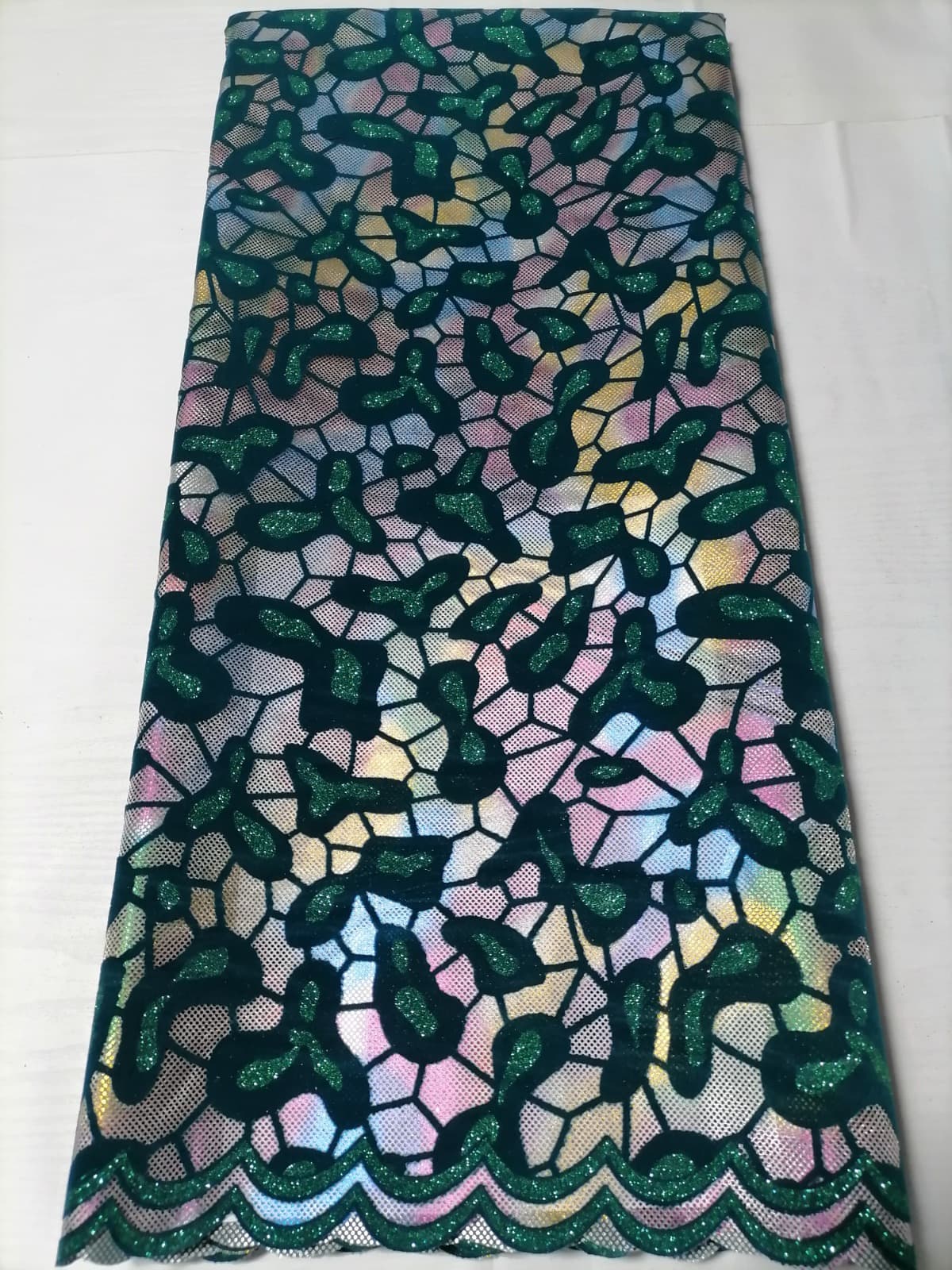 Emerald Green Holographic Velvet Sequence Lace