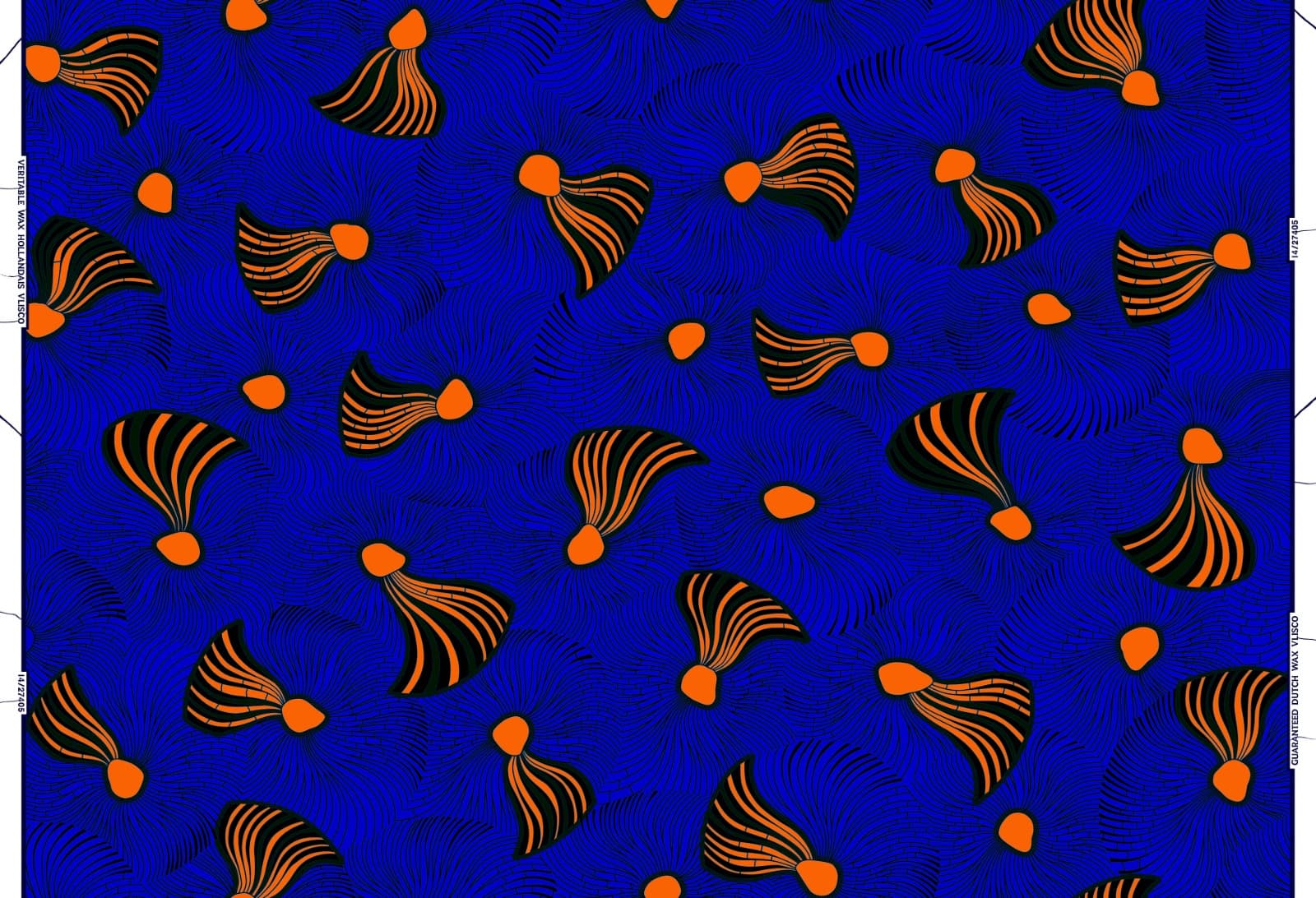 Electric Cobalt Blue & Orange Tassel Motif Dutch Wax Print Fabric