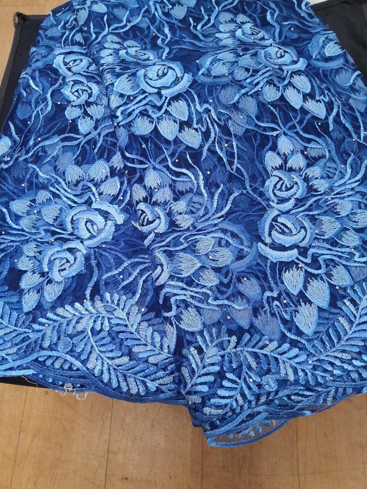 Royal and Sky Blue Beaded Floral Net Lace Fabric