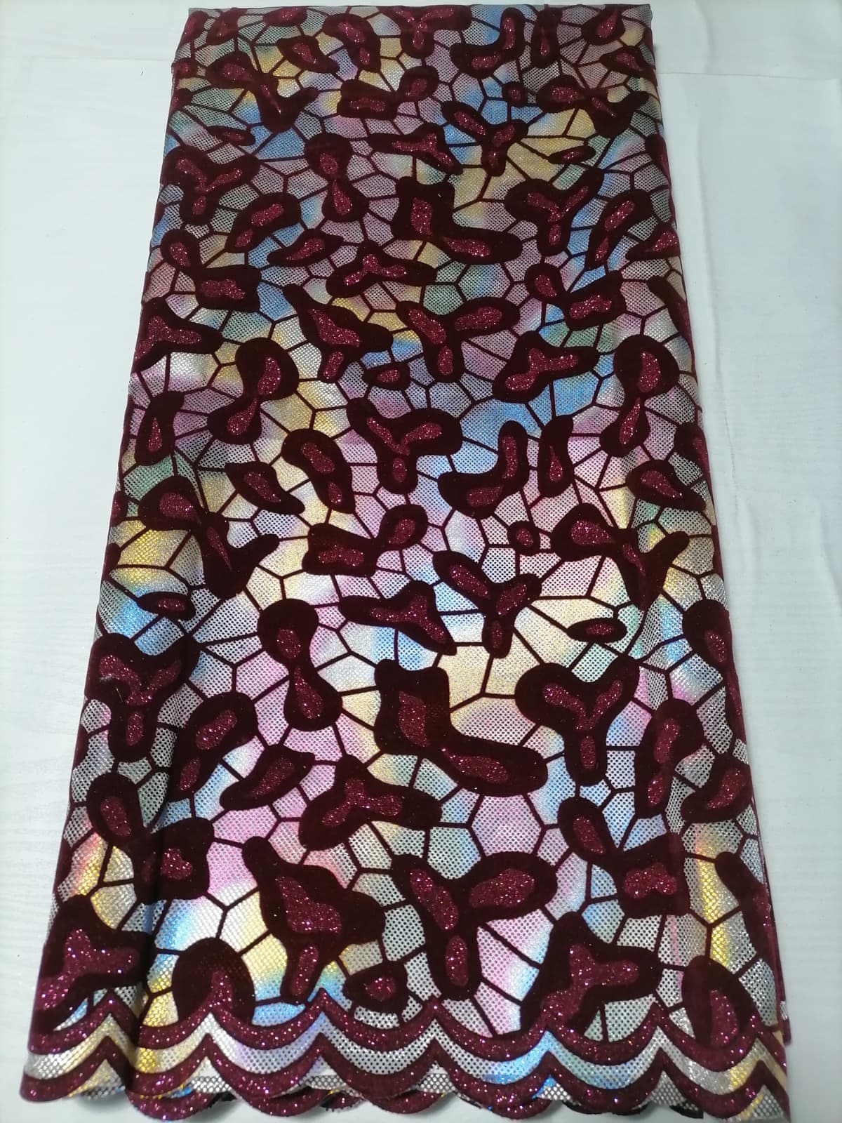 Wine Burgundy Holographic Velvet Sequence Lace