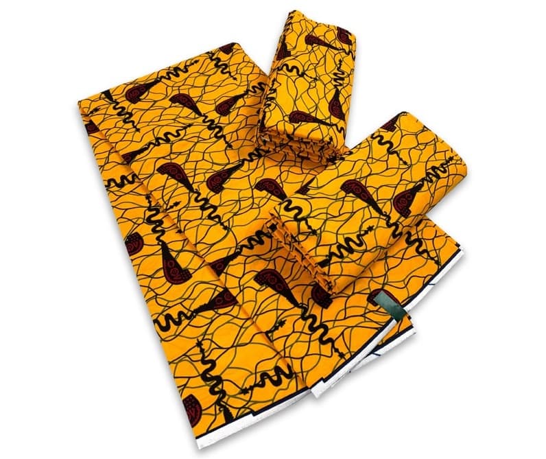 Vibrant Yellow & Burgundy Abstract Crest Dutch Wax Print Fabric – 6 Yards