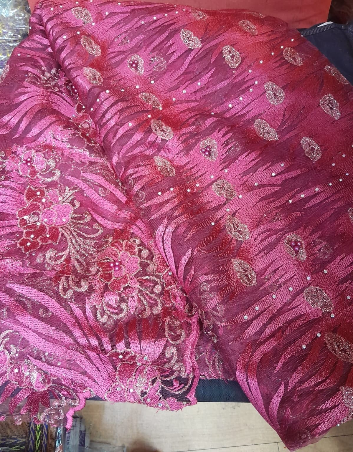 Magenta Feather & Floral Embroidered Tulle Lace
