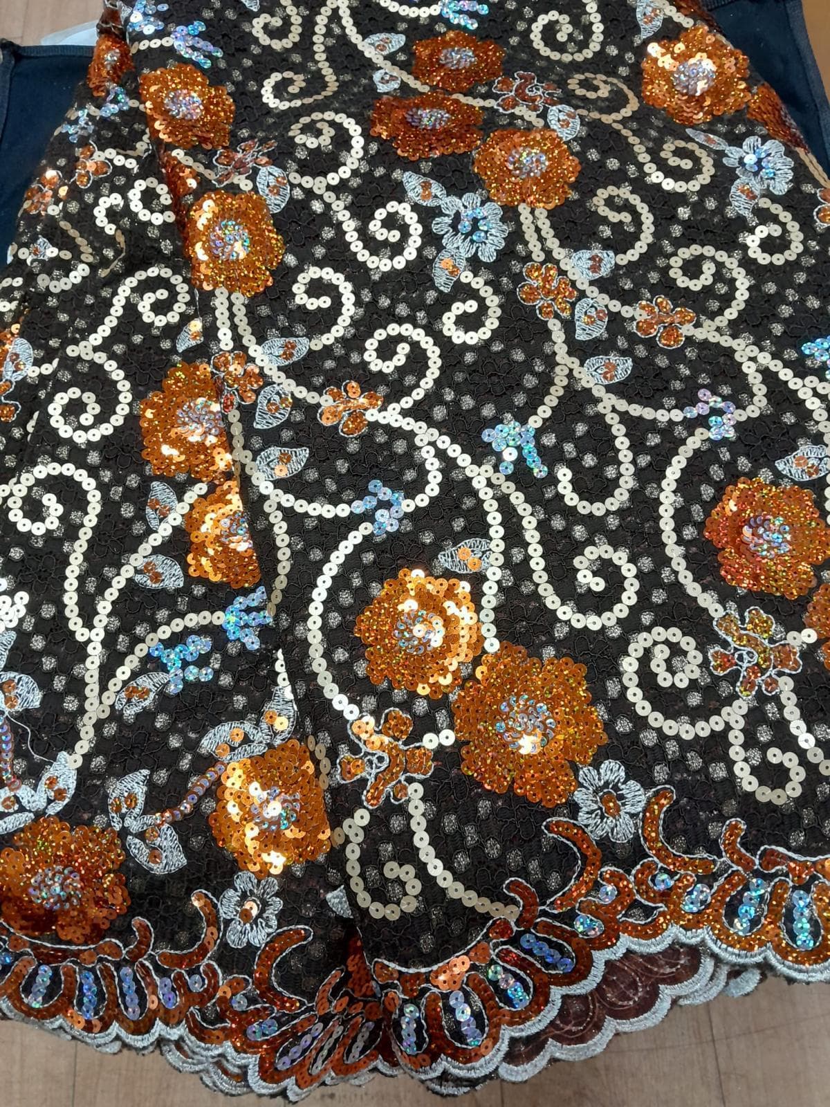 Orange & Silver Embroidered Net Lace Fabric
