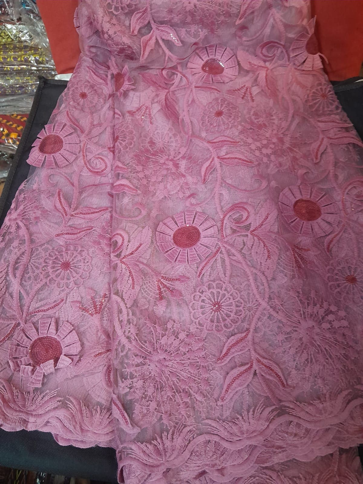 Dusty Rose 3D Velvet & Sequin Floral Net Lace