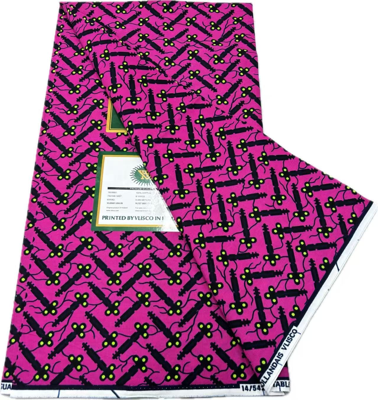 Vibrant Magenta Pink & Black Dutch Wax Print Fabric – 6 Yards