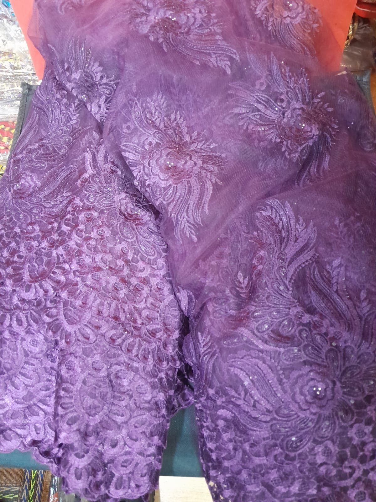  Rich Purple Corded Floral Net Lace Fabric