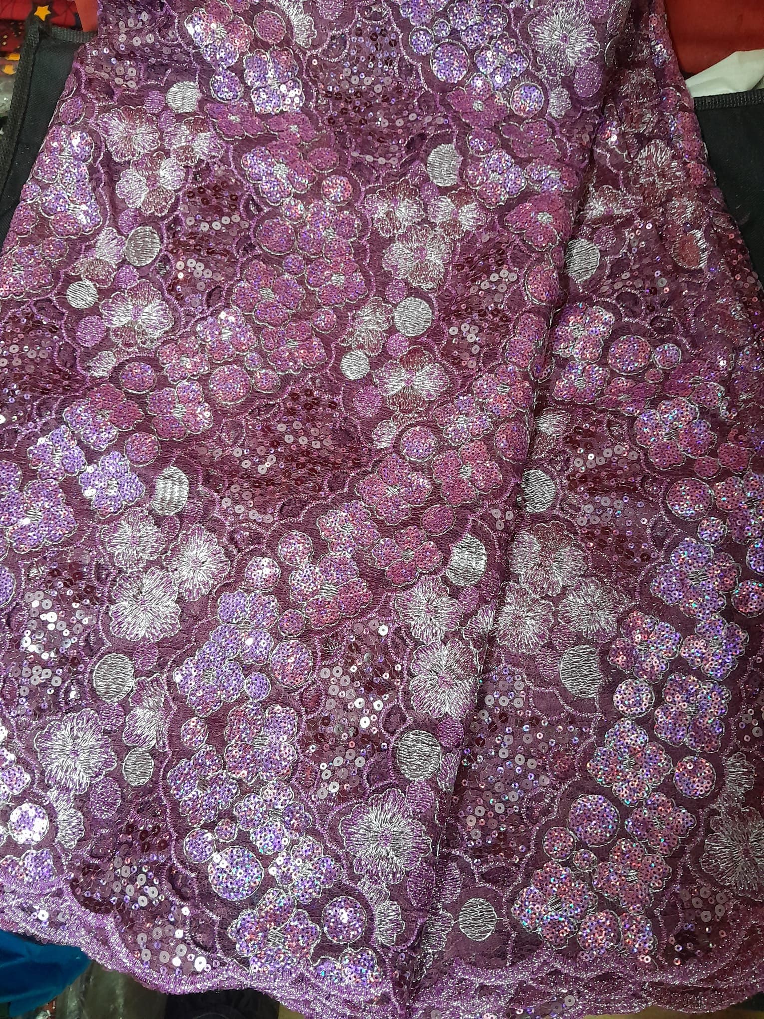 Metallic Sequined Mauve Floral Net Lace