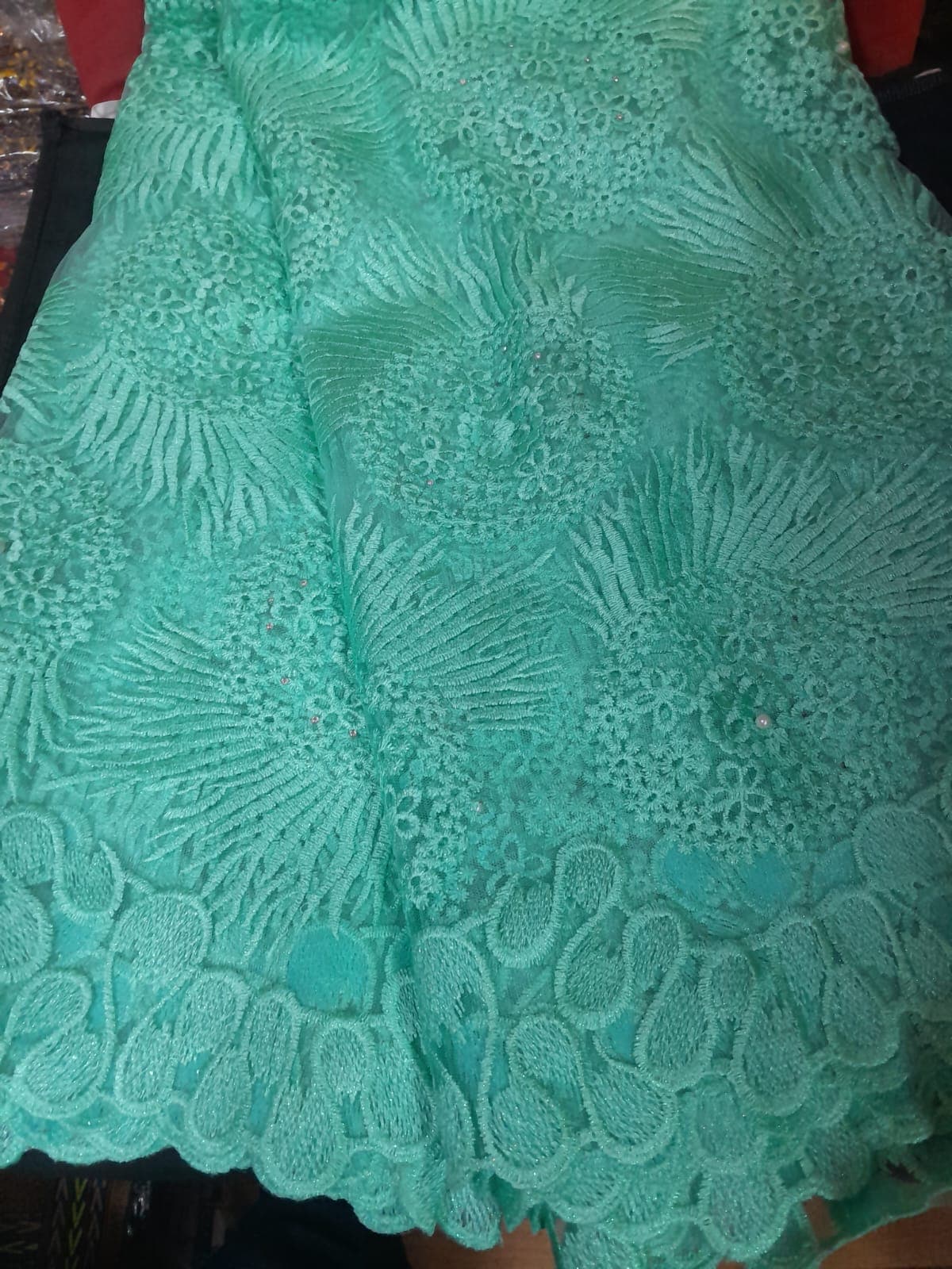 Mint Seafoam Green Embroidered Net Lace