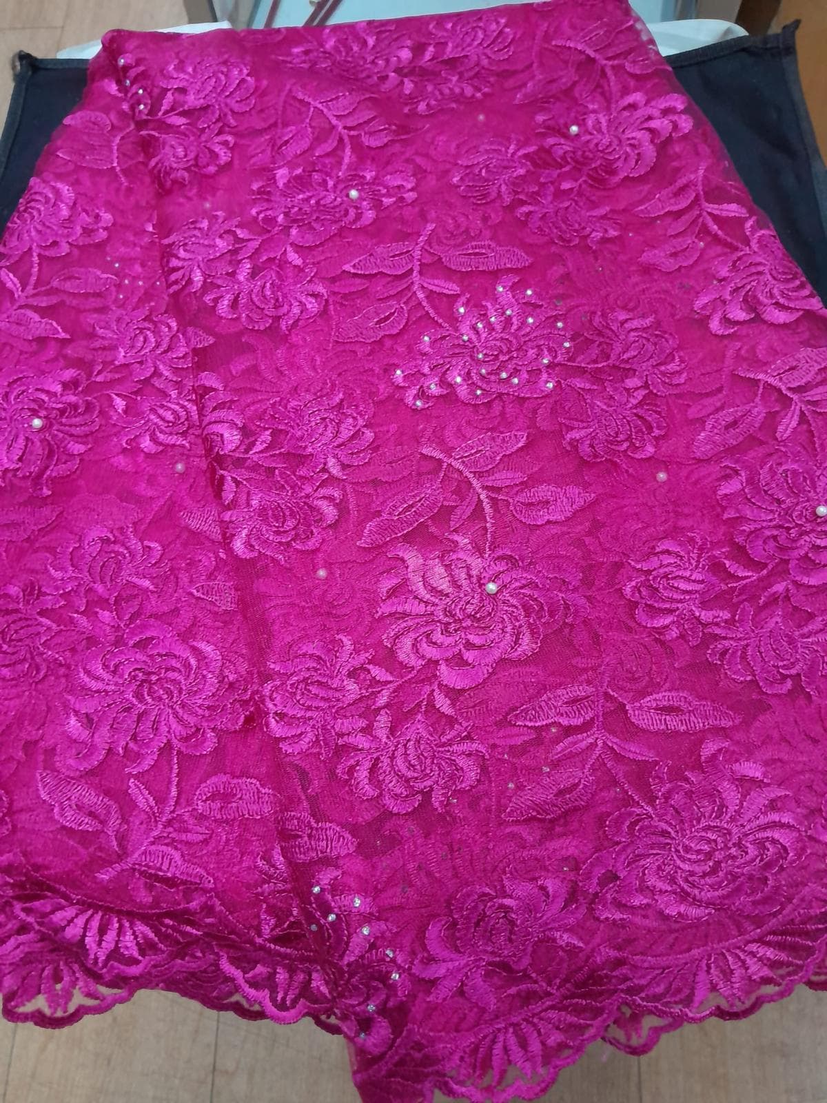  Fuchsia Pink Corded Net Lace Fabric – Beaded Floral Mesh with Pearls