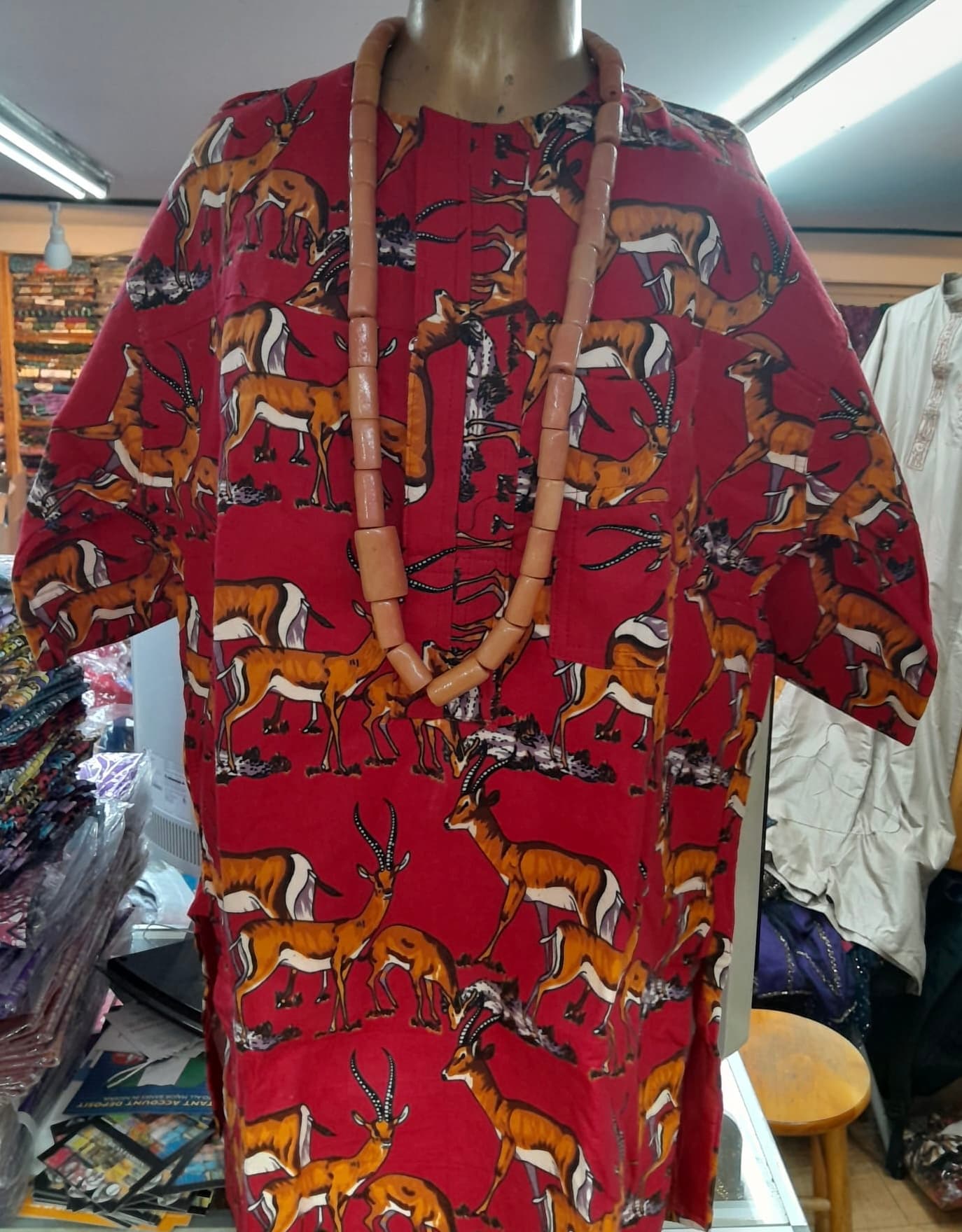 Men's Brick Red Antelope Motif Tunic – Modern African Savannah Print Top