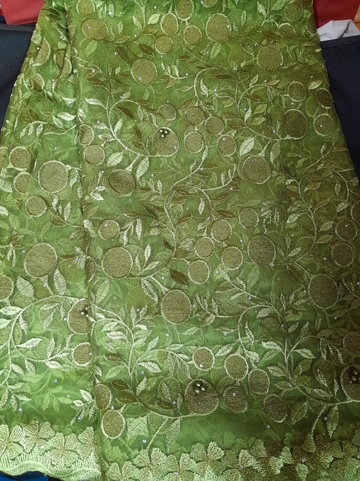 Olive Green Botanical Beaded Tulle Lace