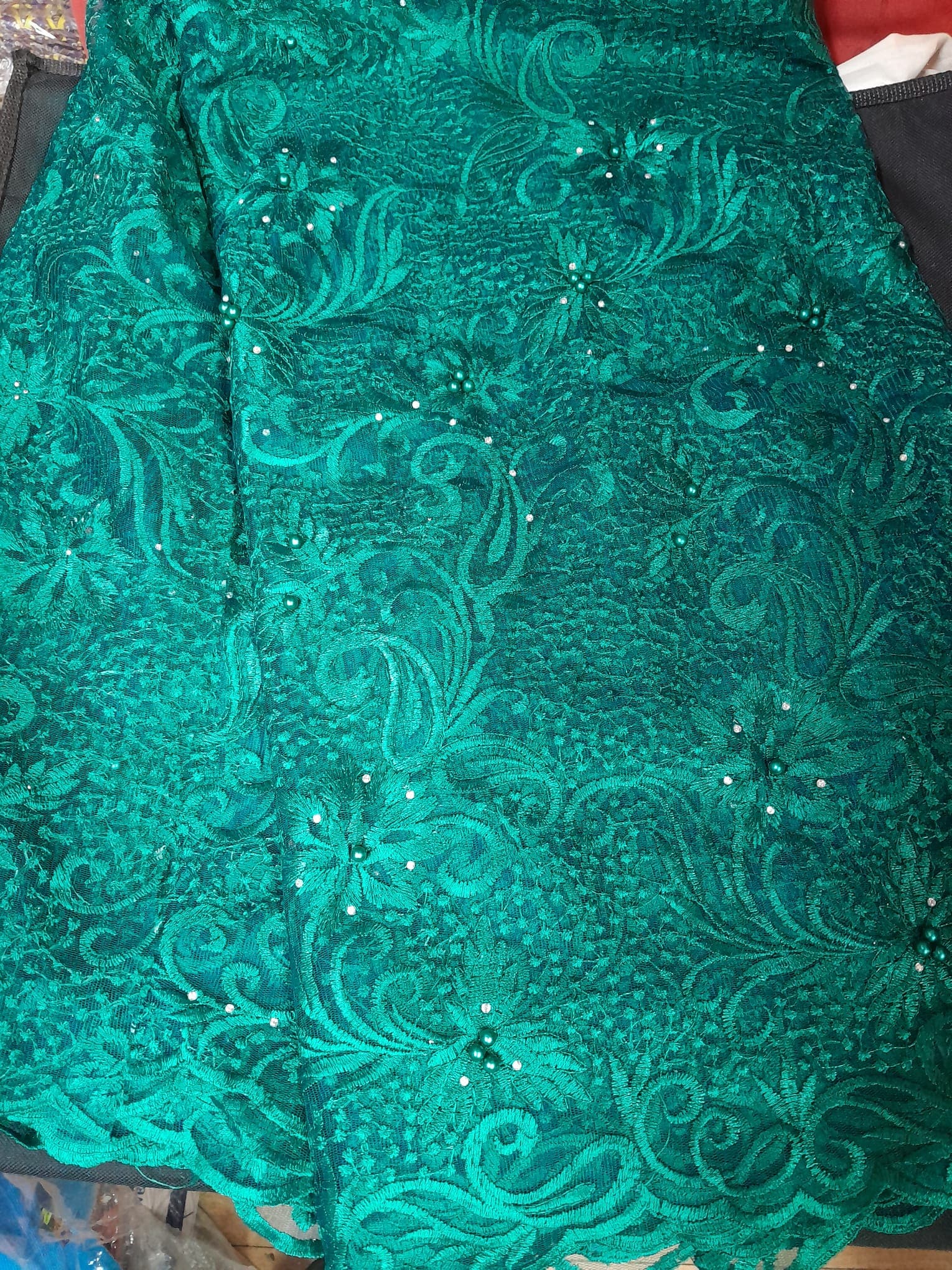 Emerald Green Swirl Embroidered Net Lace