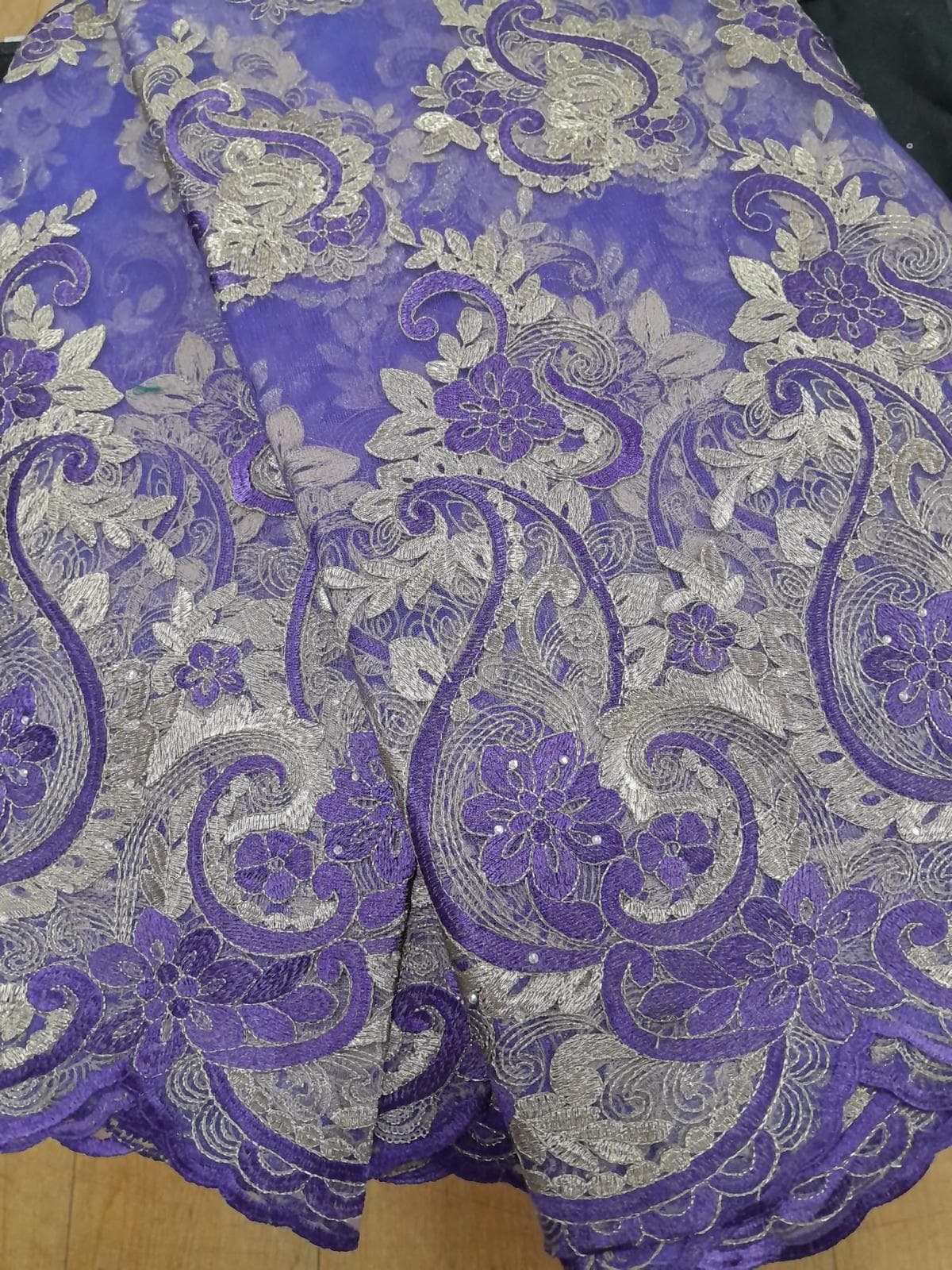 Purple and Silver Paisley Organza Lace Fabric – Embroidered Floral Mesh