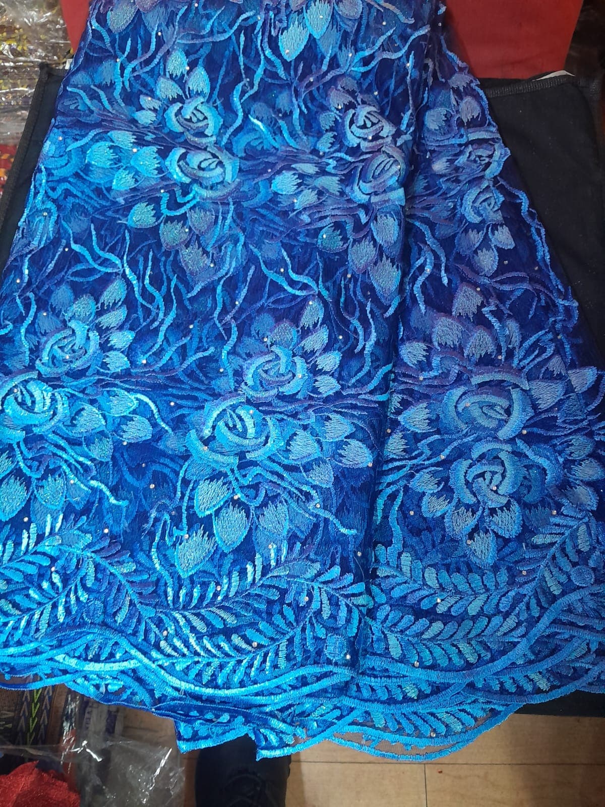 Vivid Sapphire Blue Floral Tulle Lace Fabric