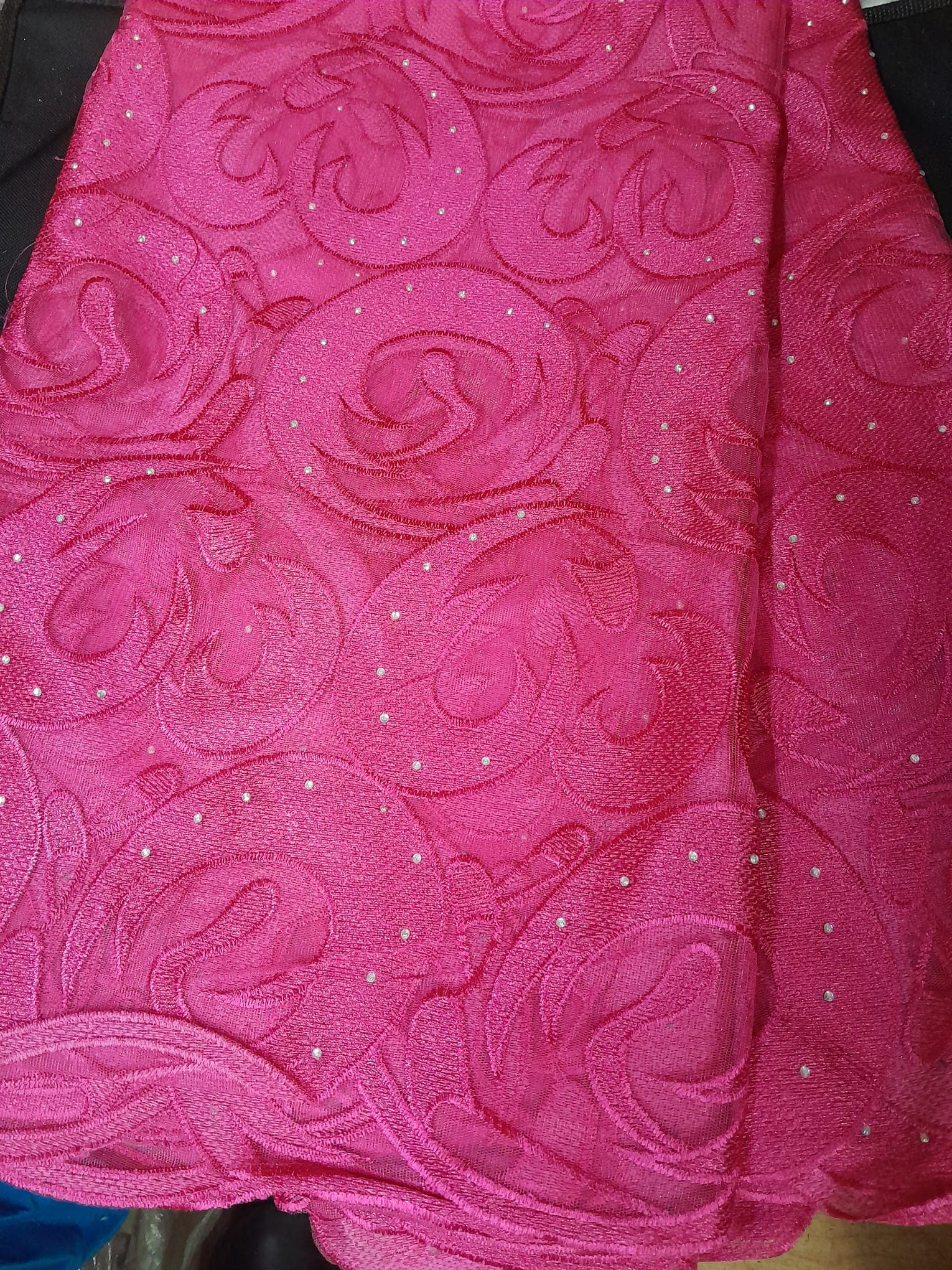 Hot Pink Swirl Embroidered French Net Lace