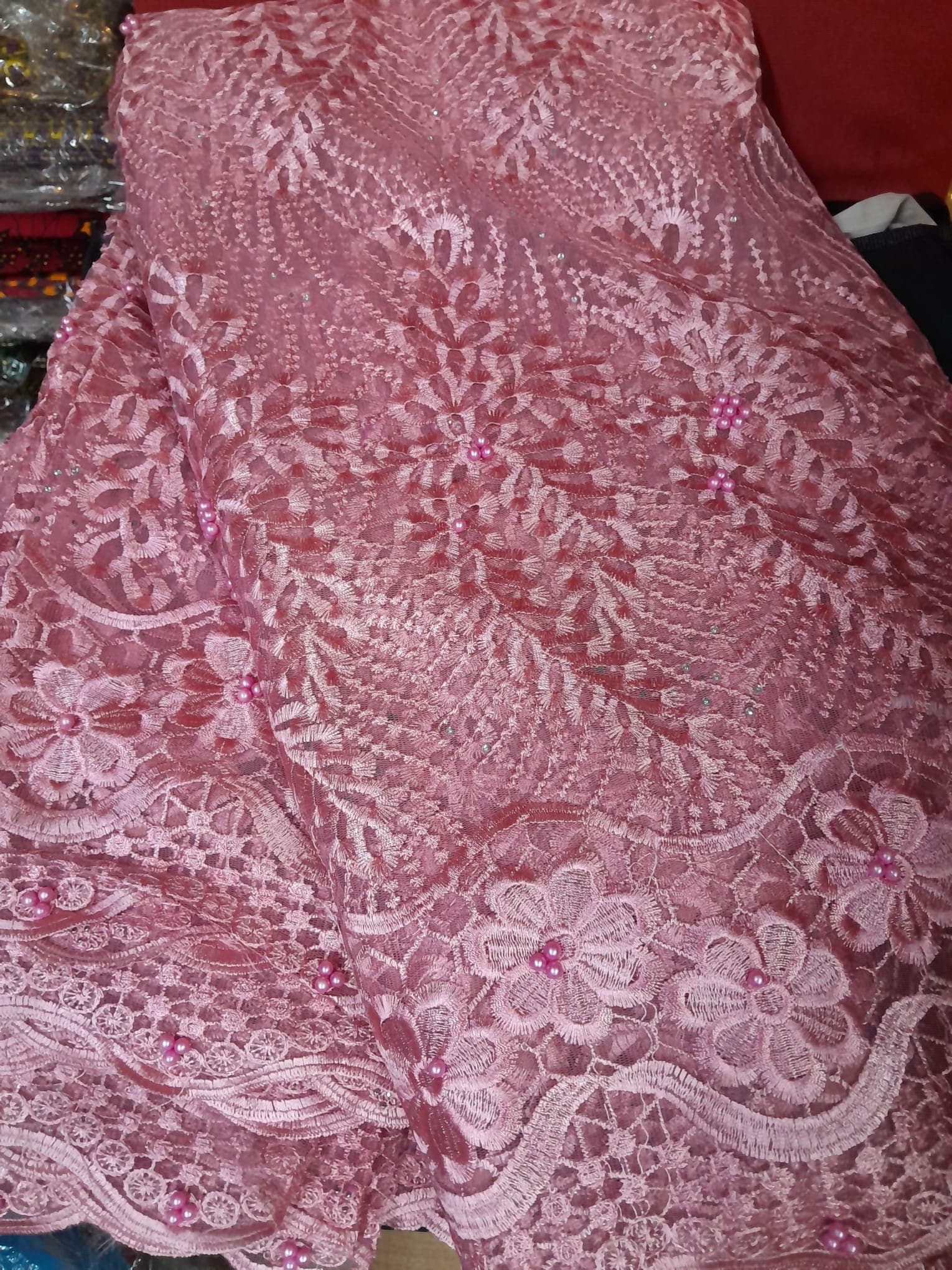 Soft Dusty Pink Pearl Beaded Net Lace