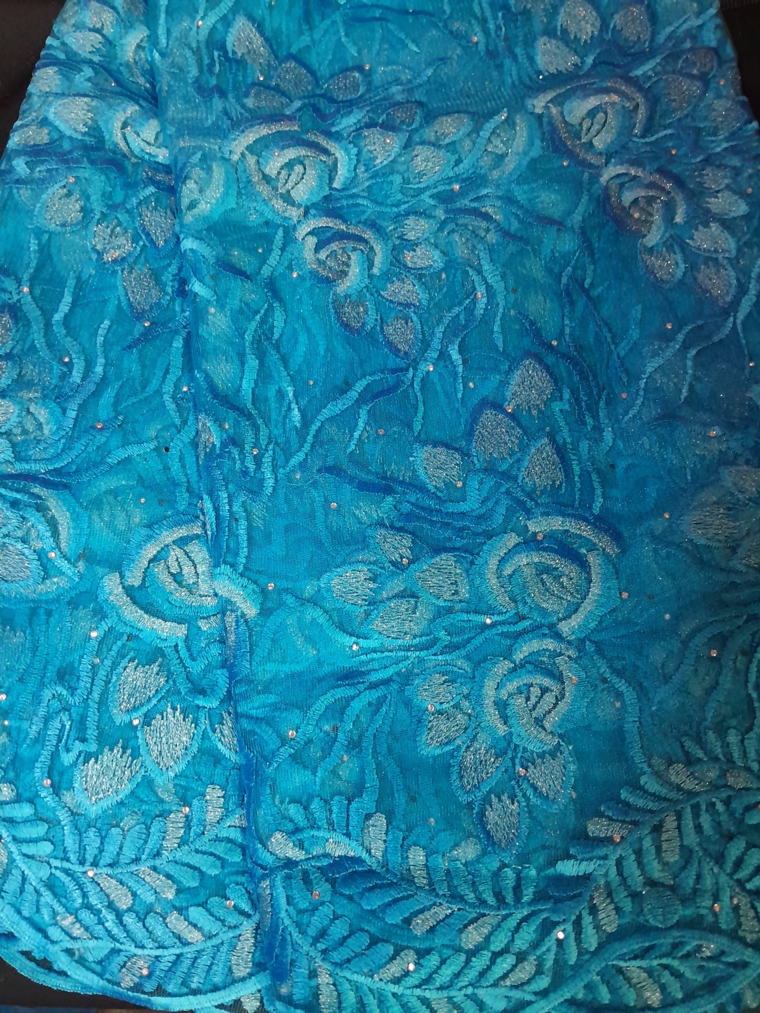 Vibrant Aqua Turquoise Floral Embroidered Tulle Lace Fabric
