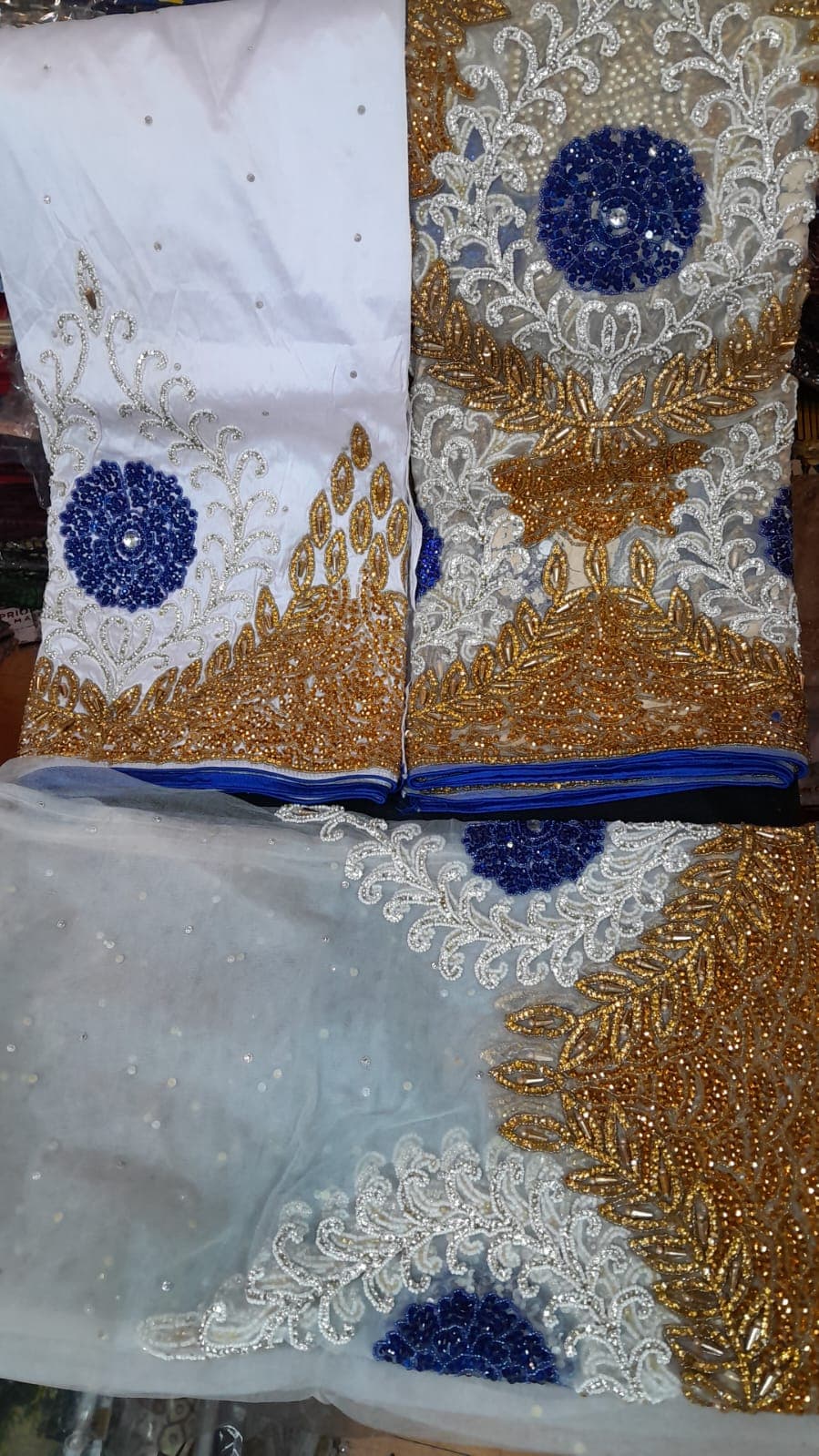 Pearl White, Royal Blue & Gold Heavily Embroidered George Set