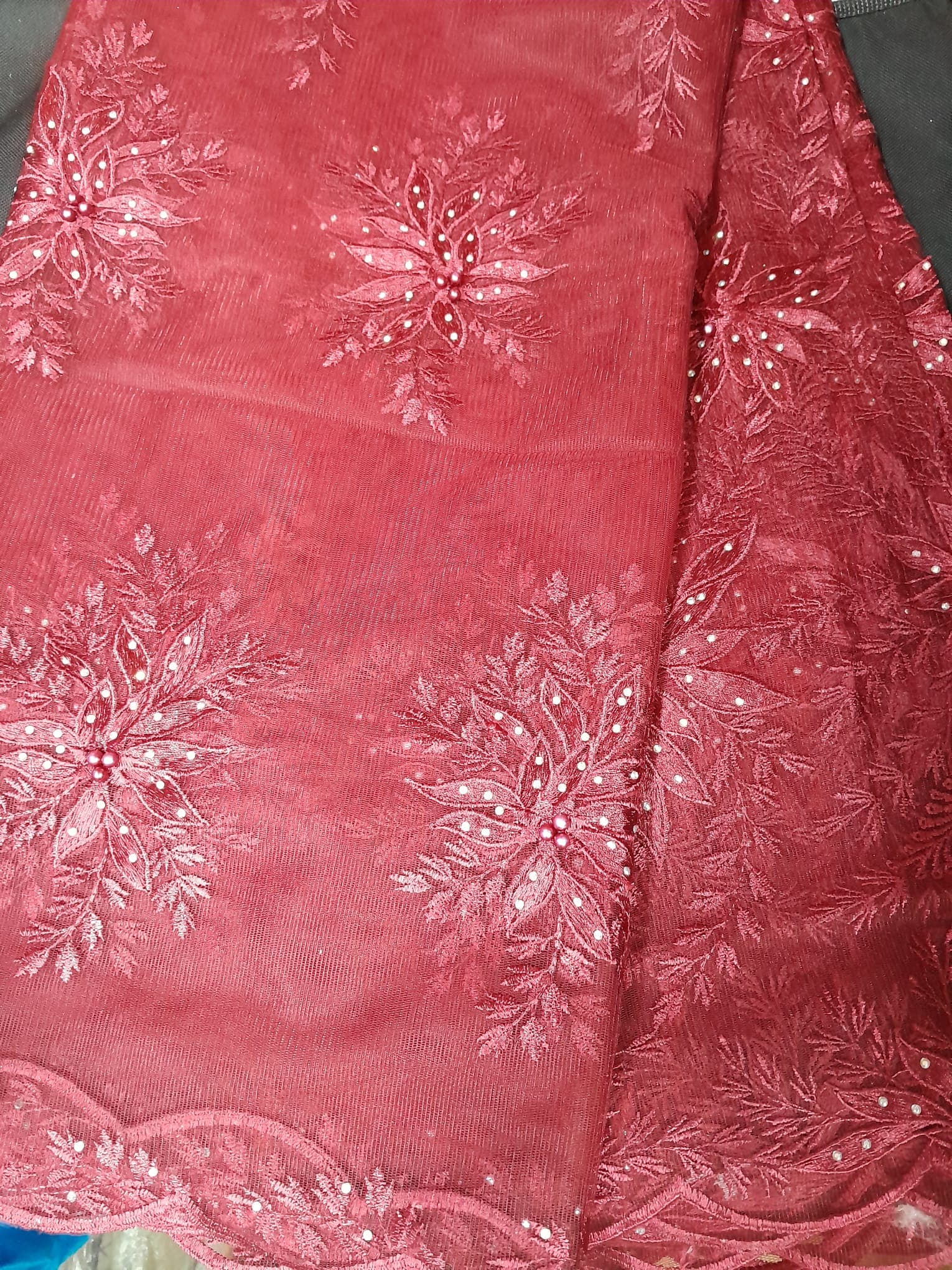 Elegant Burgundy Red Floral Star Beaded Net Lace Fabric