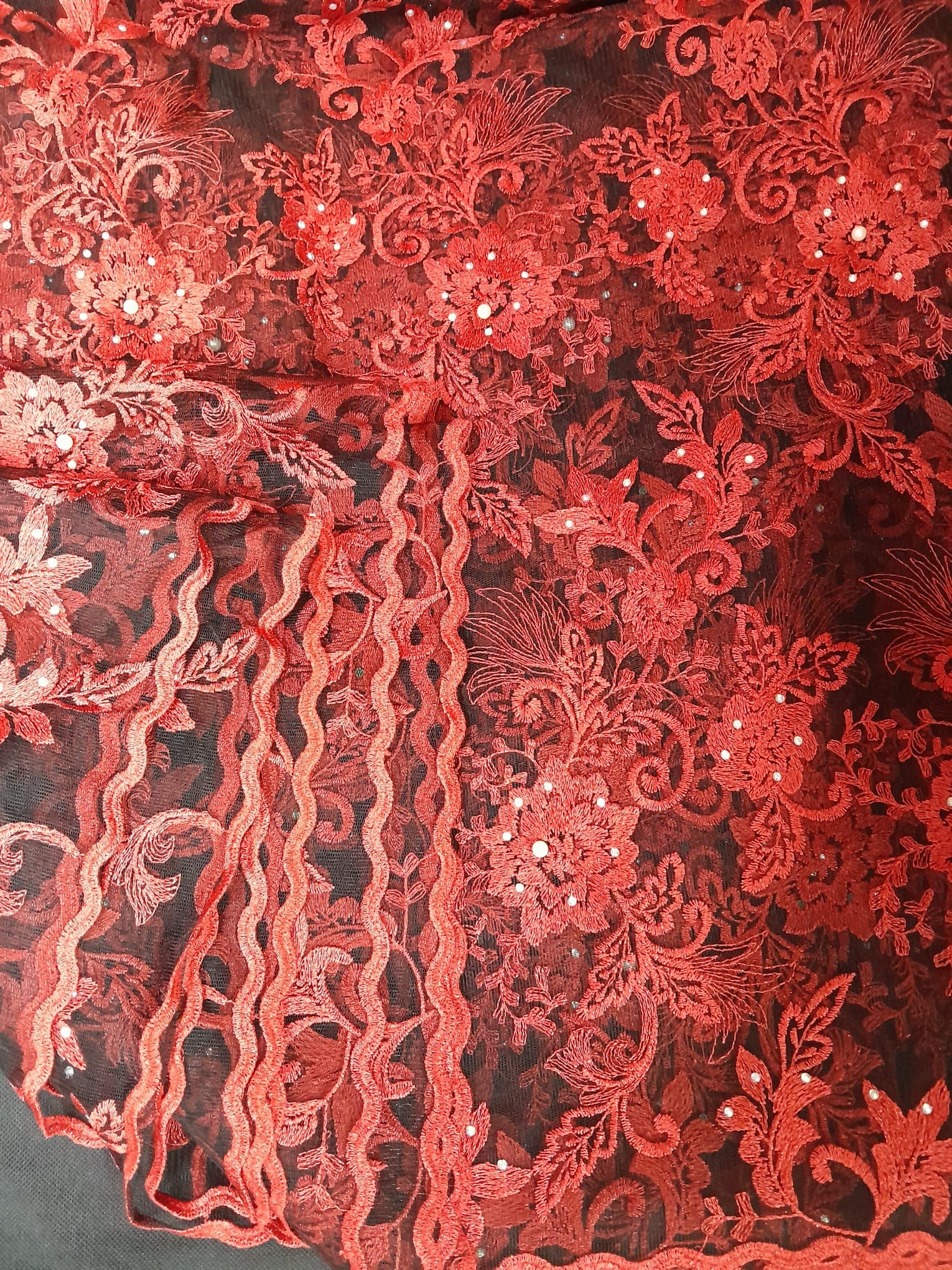 Fiery Crimson Red Beaded Net Lace